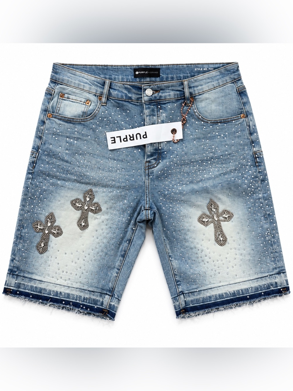 Purple Brand Rhinestone Cross Denim Shorts Light Was